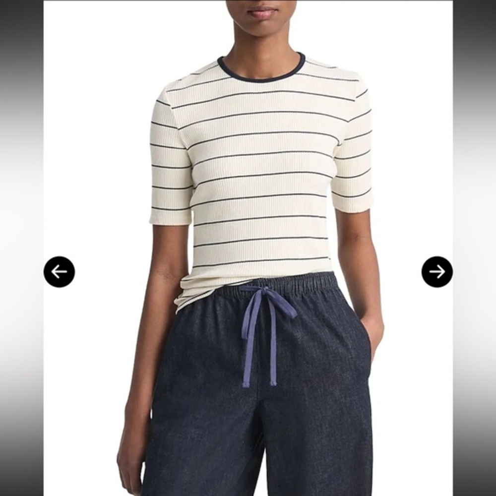 Vince Ribbed Elbow Sleeve Top XXS NWT Cream Blue Luxury Knit Tee